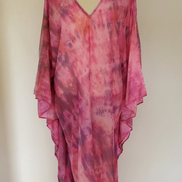 Silk Caftan Kaftan beach coverup resortwear midi S M L XL pink purple tie dyed - Picture 5 of 10